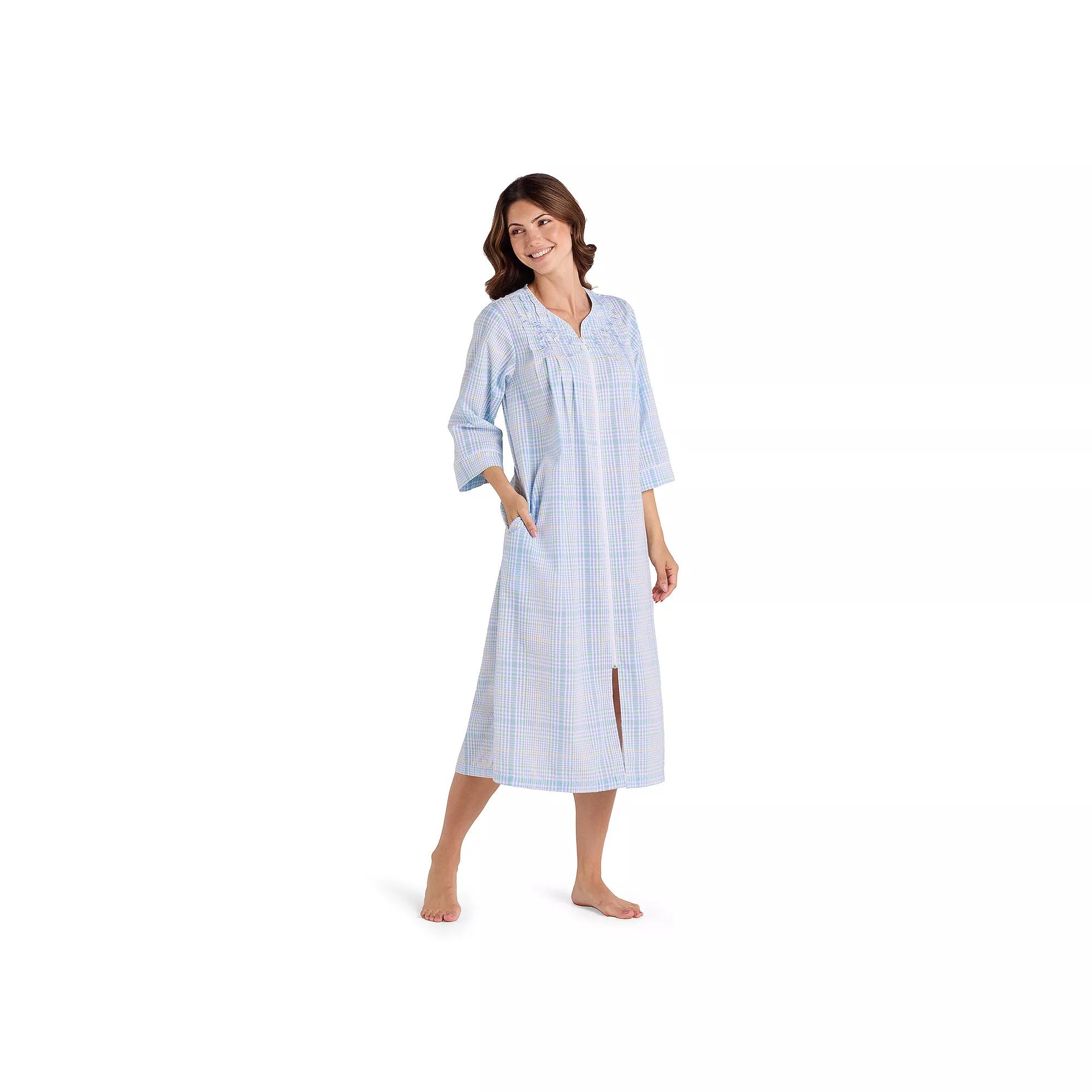 Women's Miss Elaine Essentials Seersucker Long Zip Robe,  Product Image