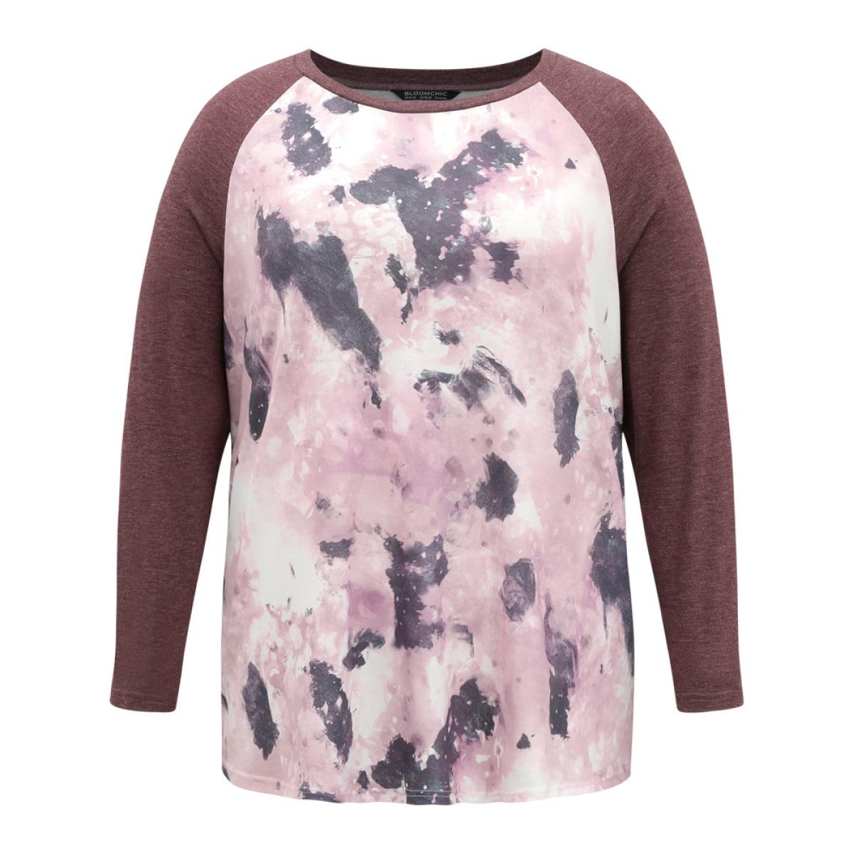 Plus Size Tie Dye Patchwork Contrast Raglan Sleeve T-shirt Multicolor Women Casual Contrast Tie Dye Round Neck Dailywear T-shirts BloomChic 10/M Product Image