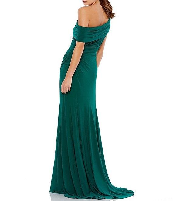 Mac Duggal One Shoulder Cap Sleeve Ruched Thigh High Slit Faux Wrap Gown Product Image