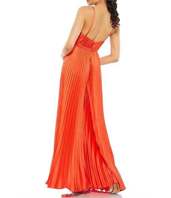 Mac Duggal Pleated Deep V-Neck Spaghetti Strap Sleeveless Wide Leg Jumpsuit Product Image
