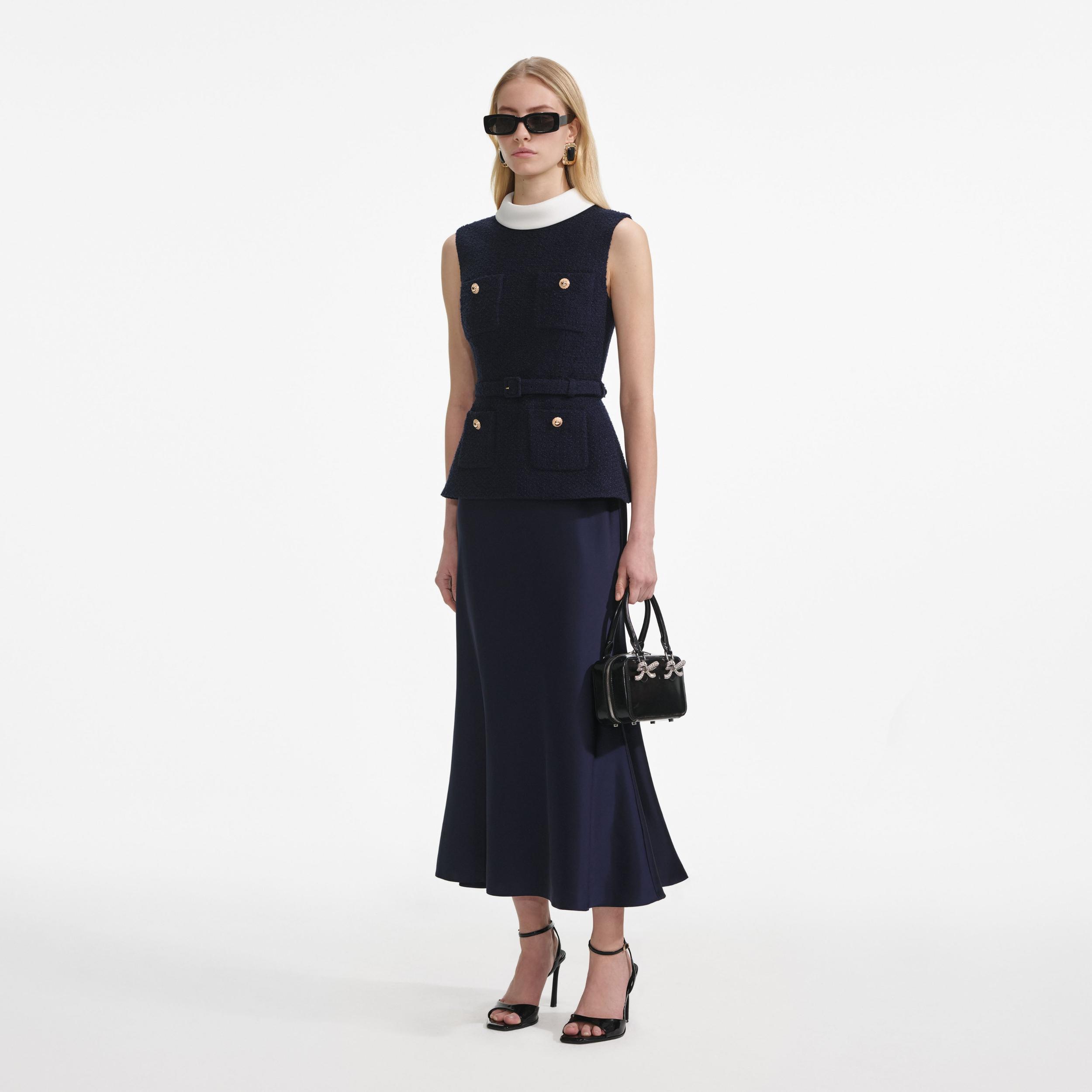 Navy Boucle Sleeveless Midi Dress Product Image
