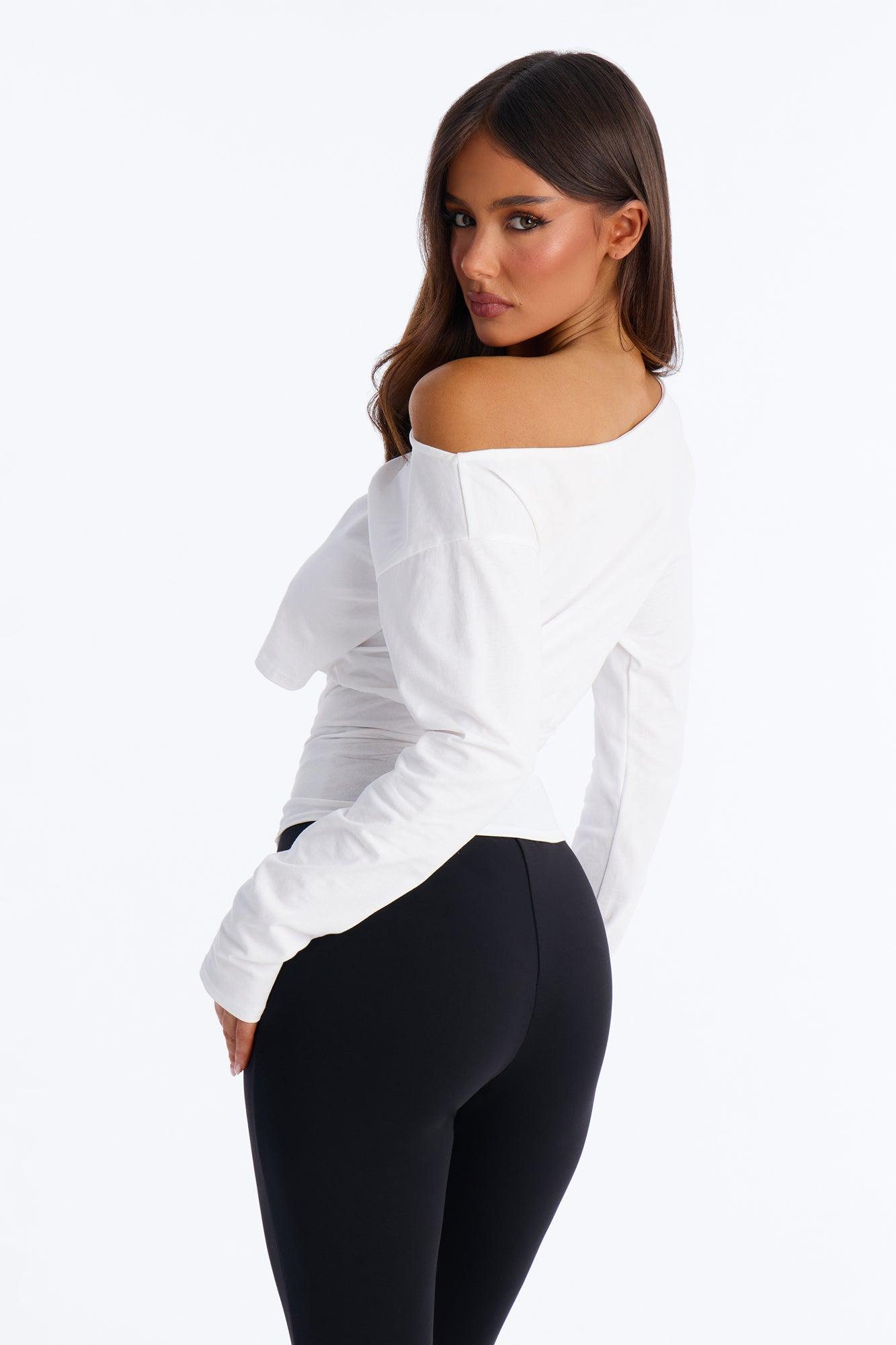 Olandria Off Shoulder Lace Up Long Sleeve Top - White Female Product Image