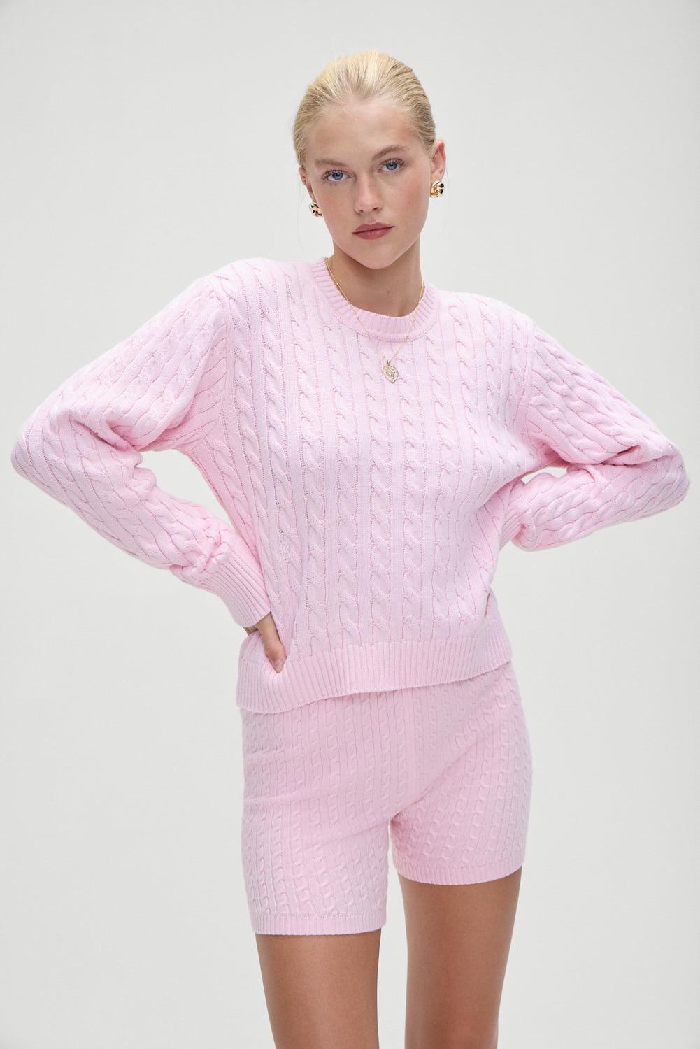 Varsity Cable Knit Sweater - Cozy Pink Product Image