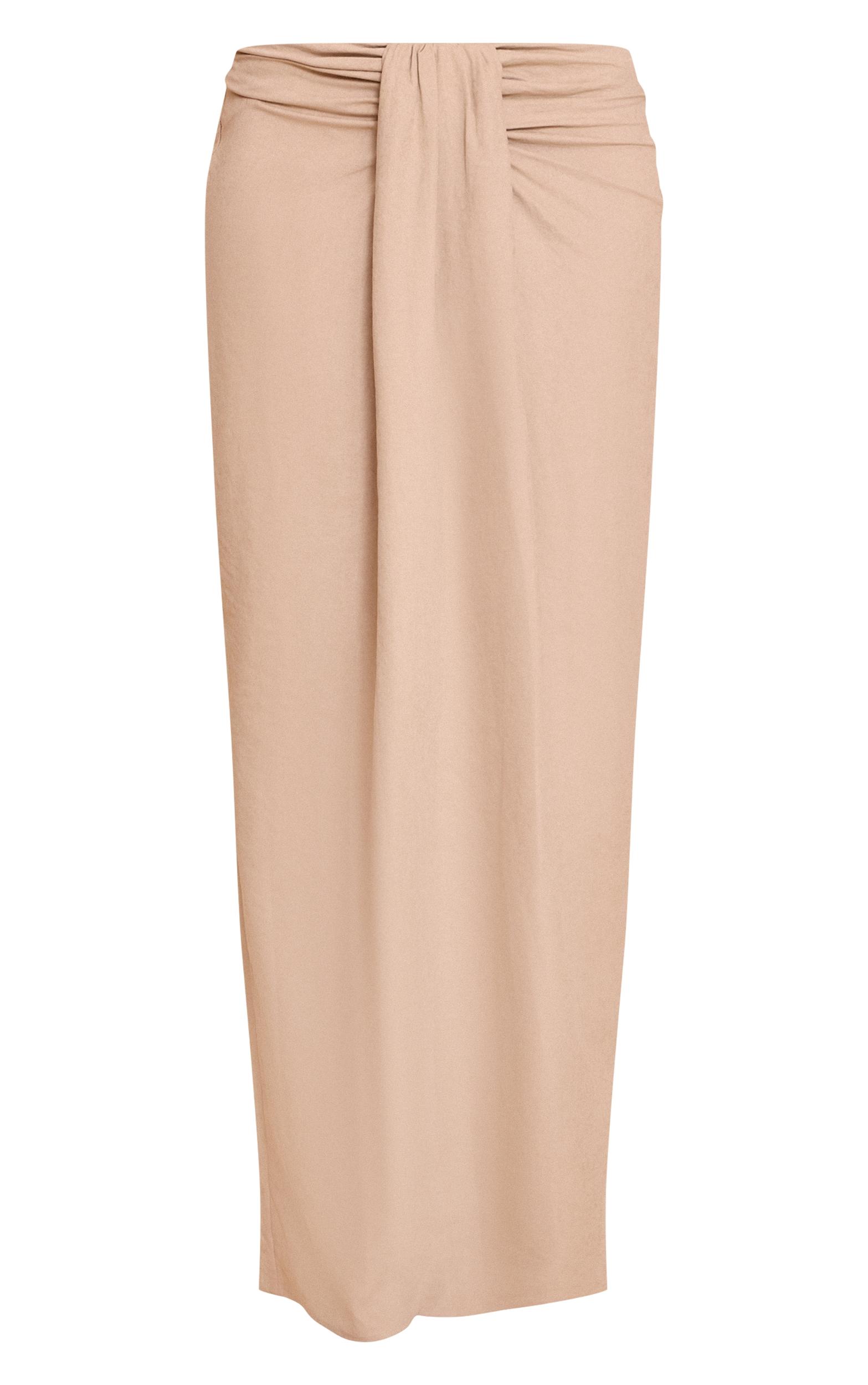 Beige Peachskin Drape Front Maxi Skirt Product Image