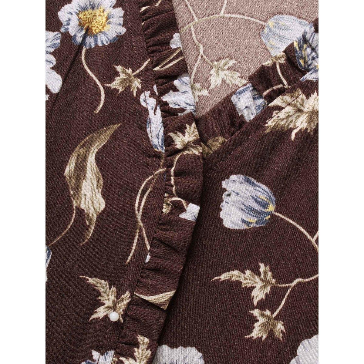 Plus Size DarkBrown Floral Lantern Sleeve Frill Trim Blouse Women Elegant Long Sleeve V-neck Everyday Blouses BloomChic 28/5X Product Image