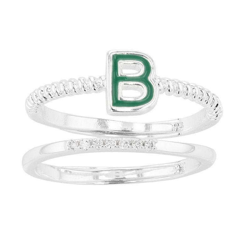 City Luxe Enamel Initial Ring & Cubic Zirconia Pave Ring Duo Set, Women's, Silver Tone B Product Image