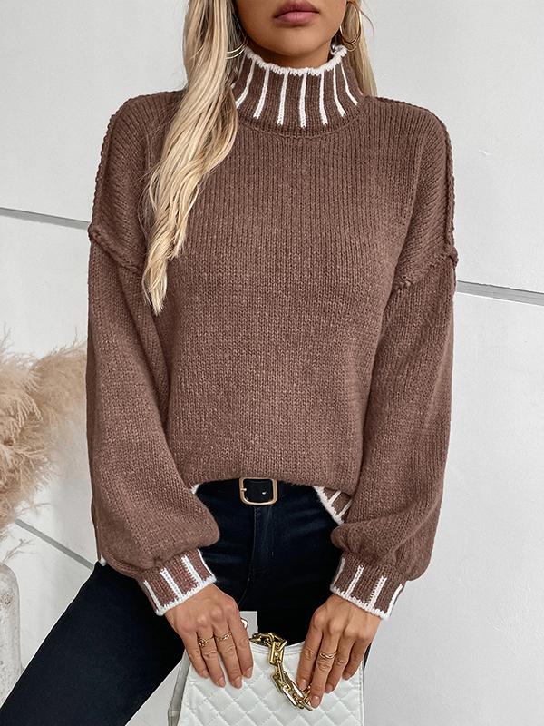 Long Sleeves Loose Contrast Color Split-Joint High Neck Pullovers Sweater Tops Product Image