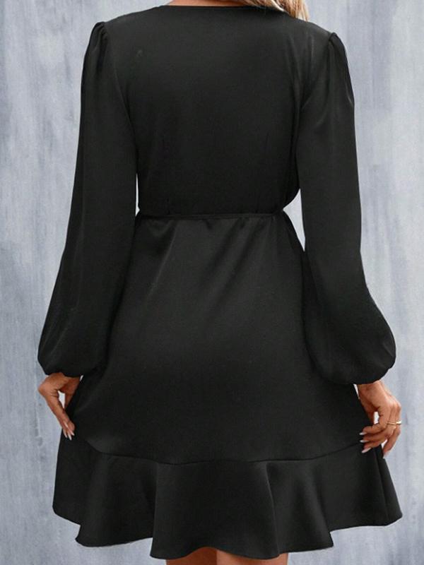 High Waisted High-Low Elasticity Pleated Solid Color Split-Joint Tied V-Neck Mini Dresses Product Image