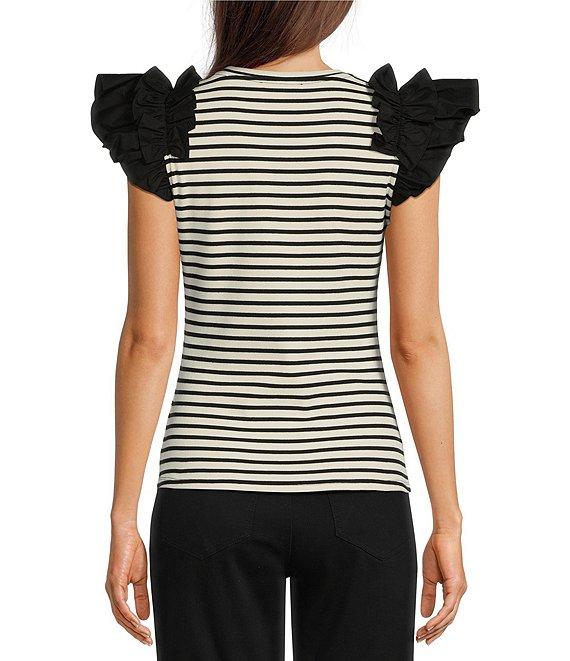 Gibson & Latimer Striped Ribbed Knit Crew Neck Contrasting Poplin Ruffled Short Sleeve Top Product Image