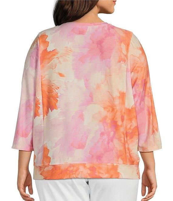 Westbound Plus Size Watercolor Dahlia Knit 3/4 Sleeve Crew Neck Ribbed Detail Print Top Product Image