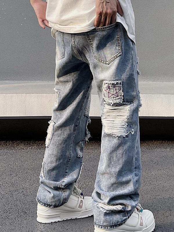 Men's Washed Ripped Burr Straight Leg Jeans Product Image