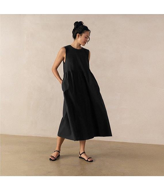 Eileen Fisher Organic Cotton Knit Poplin Round Neck Sleeveless Midi Dress Product Image
