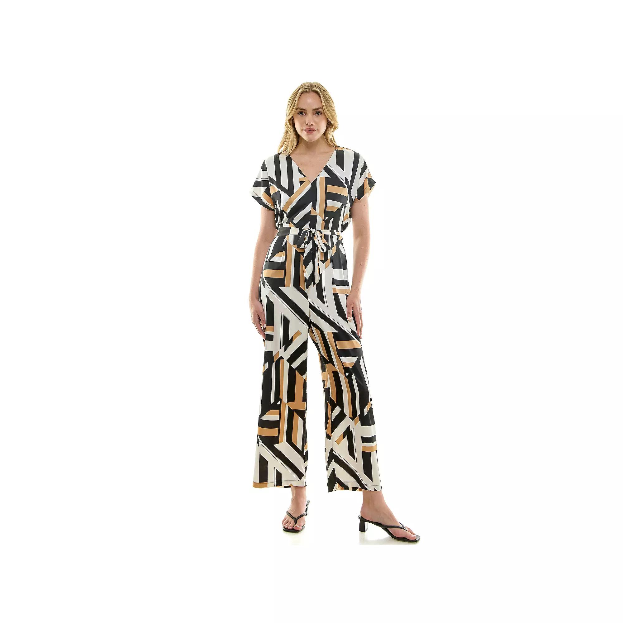 Women's Luxology Short Sleeve Belted Satin Jumpsuit, Size: Small, Black Taupe Ivory Product Image