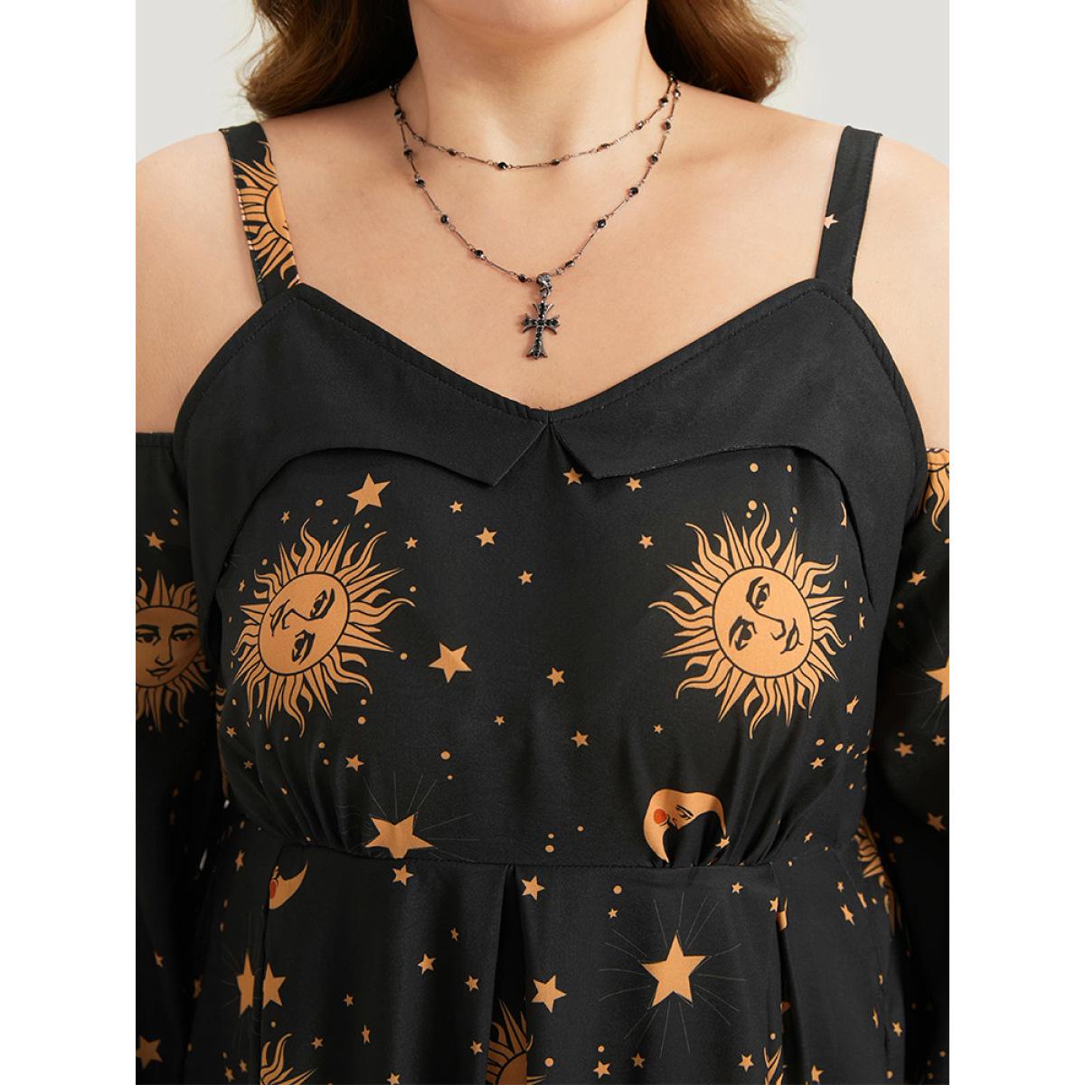Plus Size Halloween Moon & Star Cold Shoulder Pocket Elastic Waist Dress Black Women Casual Adjustable Straps Spaghetti Strap Long Sleeve Curvy Midi Dress BloomChic 12/L Product Image