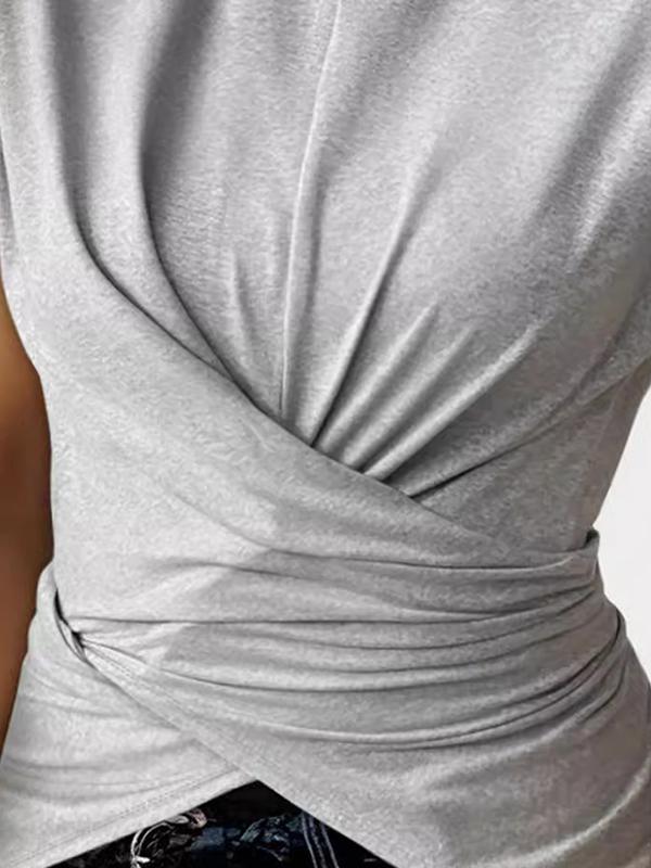 Raglan Sleeve Skinny Buttoned Knot Pleated Solid Color Round-Neck T-Shirts Tops Product Image