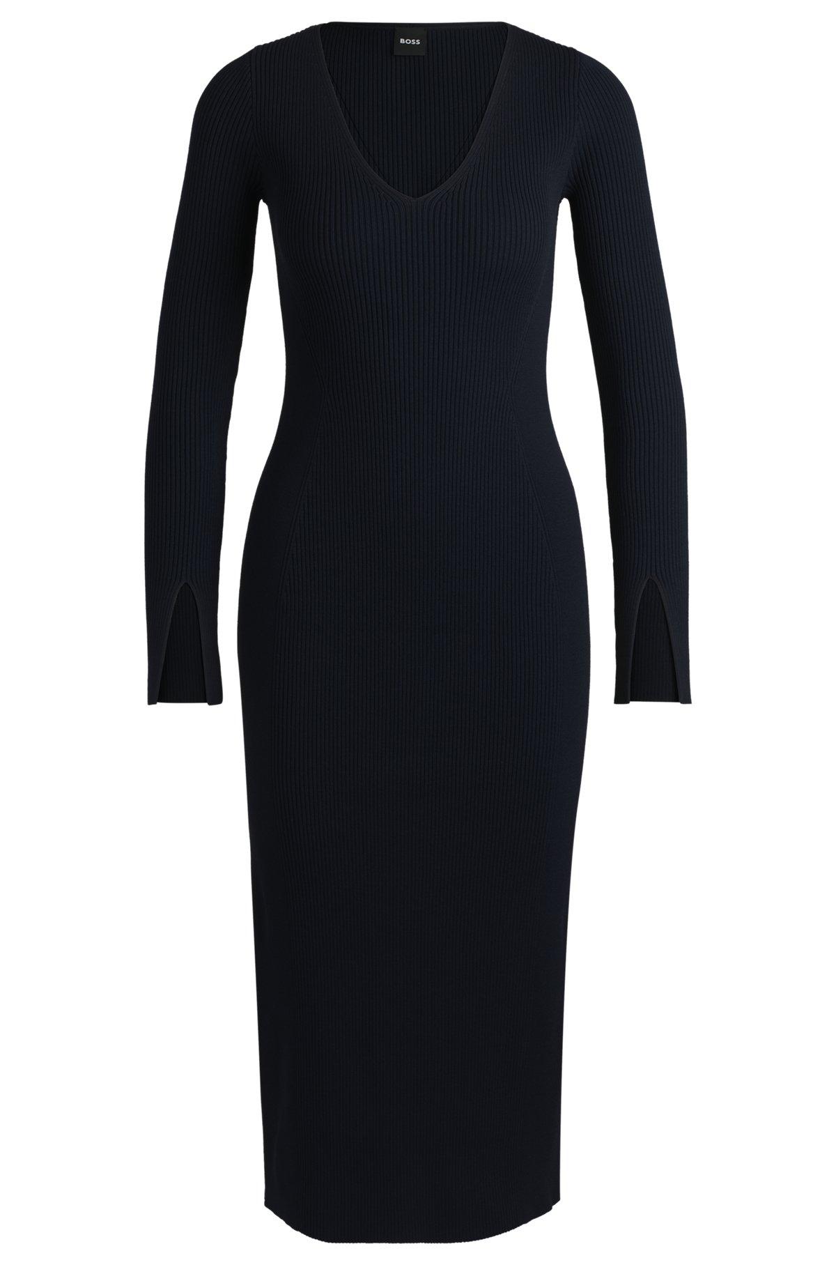 Long-sleeved V-neck dress with ribbed knit Product Image