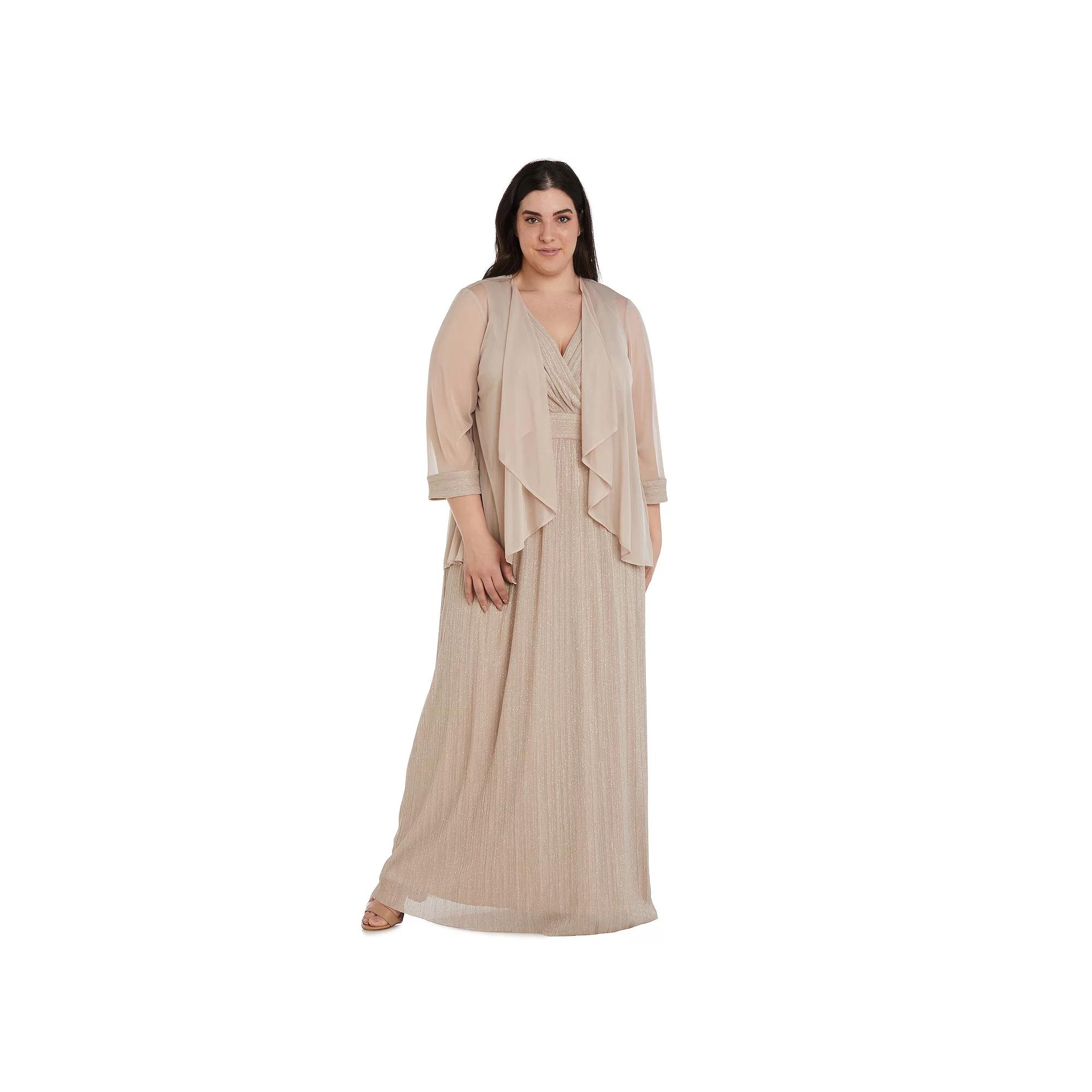 Plus Size R&M Richards 2-Piece Flyaway Jacket and Surplice Dress Set, Womens Beige Product Image
