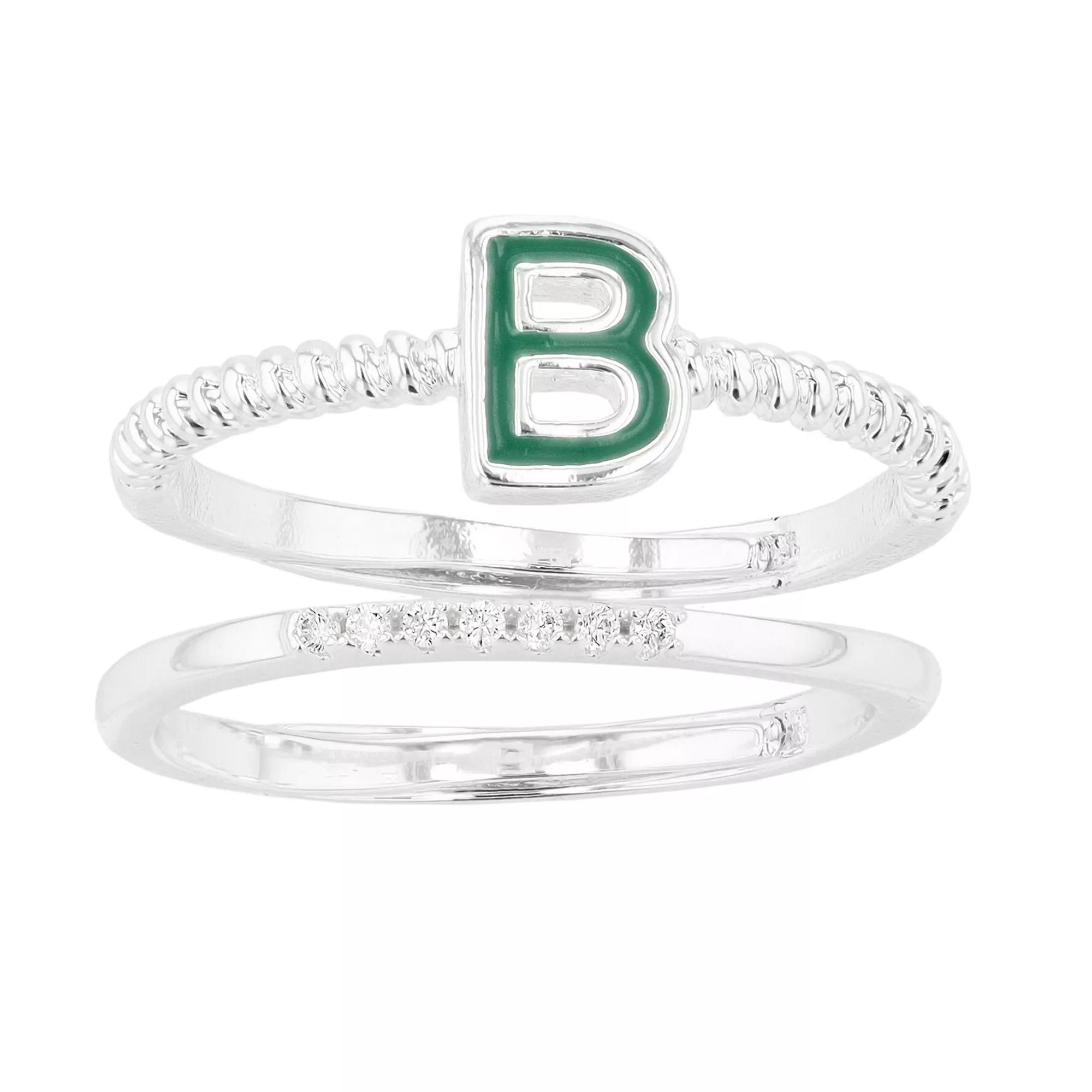 City Luxe Enamel Initial Ring & Cubic Zirconia Pave Ring Duo Set, Women's, Silver Tone B Product Image