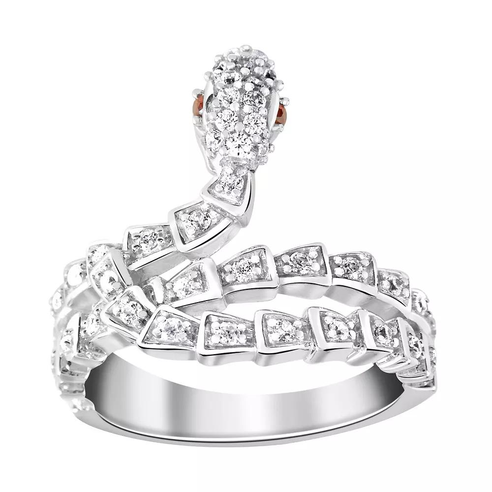 SIRI Sterling Silver Rhodium-Plated White Cubic Zirconia and Garnet Wrap Serpent Ring with Intricate Detailing, Women's, Size: 6 Product Image