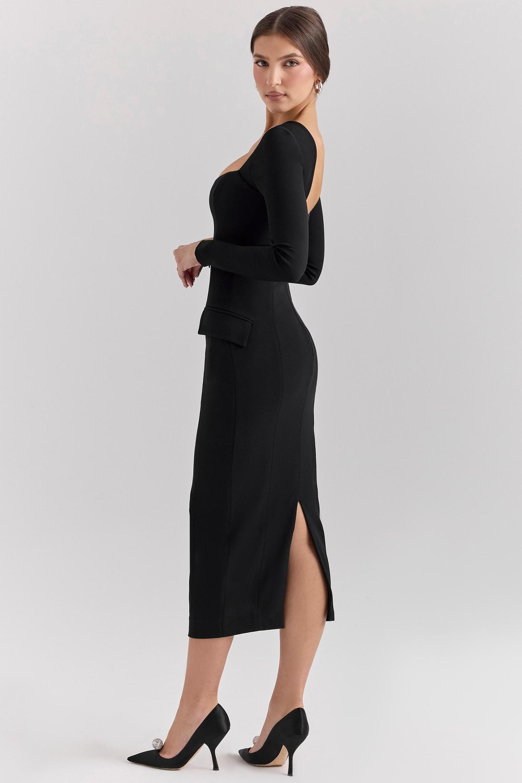 Ella  black stretch crepe long sleeve midi dress Product Image