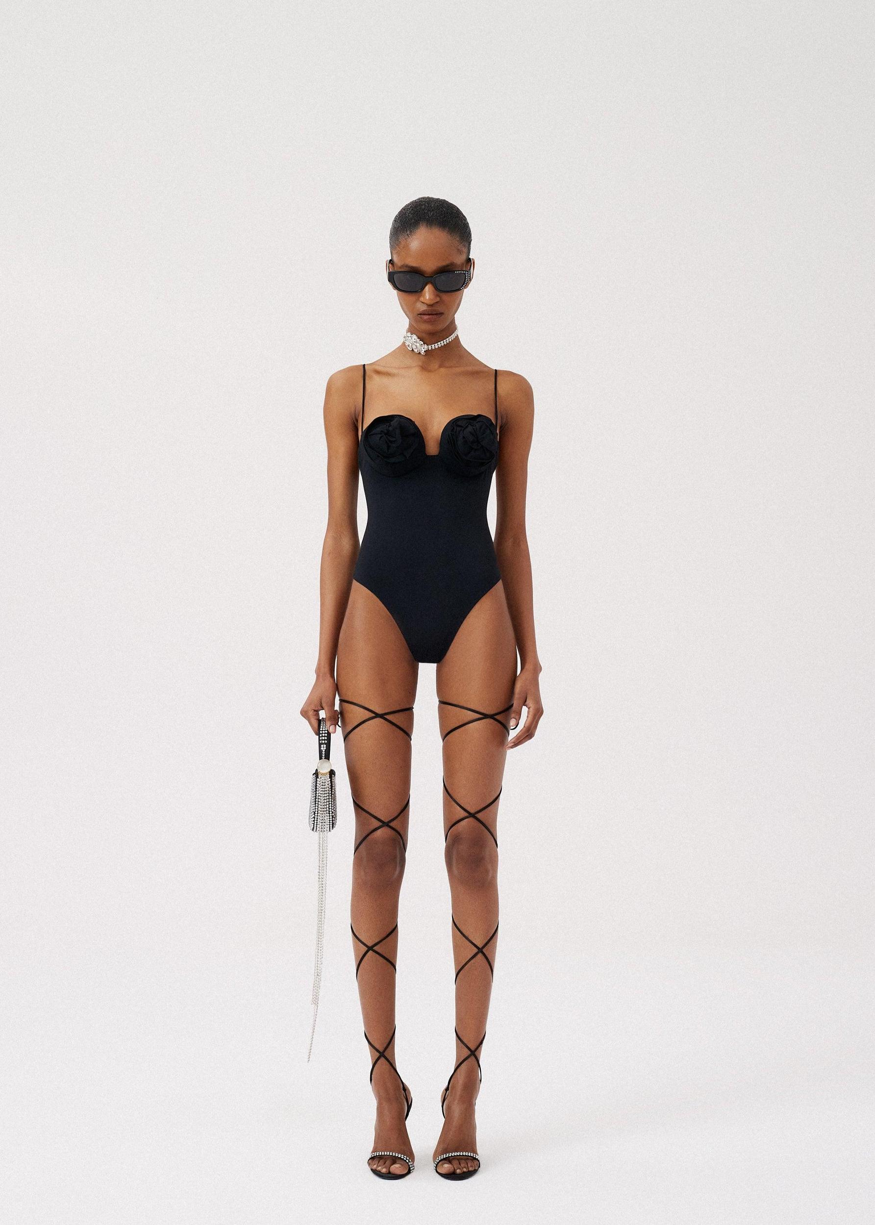 3D flower retro bustier swimsuit in black Product Image