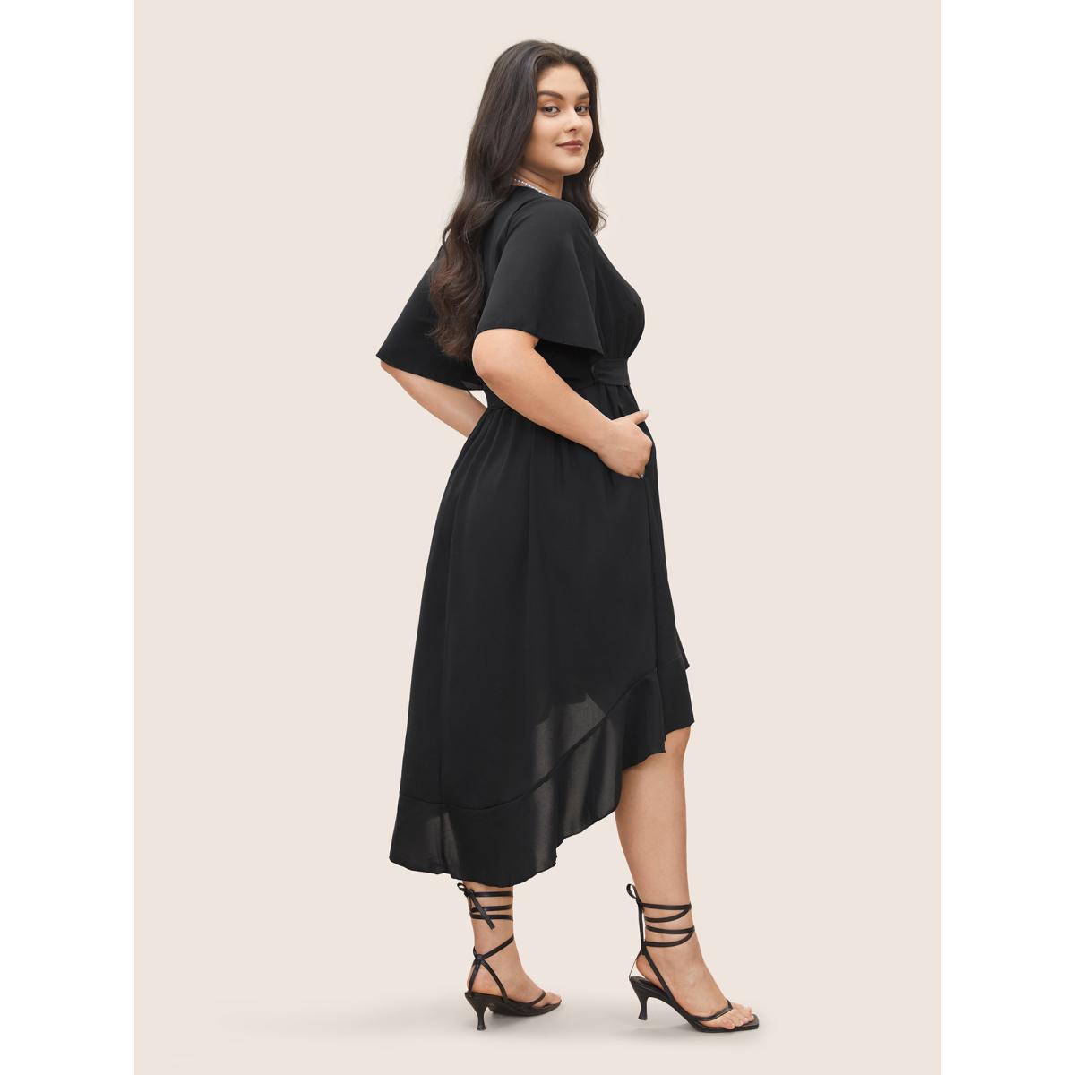 Plus Size Bloom Dress - Solid Tie Surplice Ruffle High Low Dress Black Women Elegant Cross straps V-neck Short sleeve Curvy Midi Dress BloomChic 14/1X Product Image