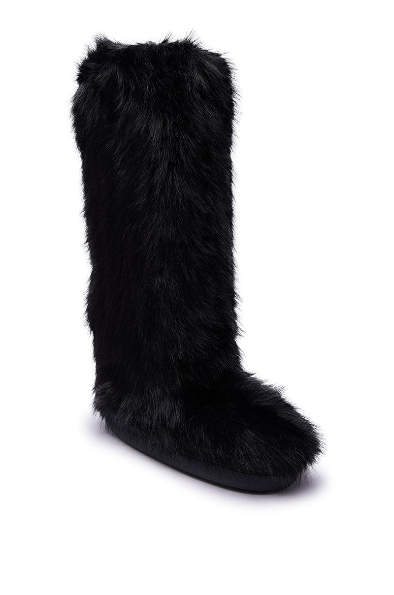 AZALEA WANG EMIR BLACK FLAT FUR KNEE HIGH BOOT Product Image