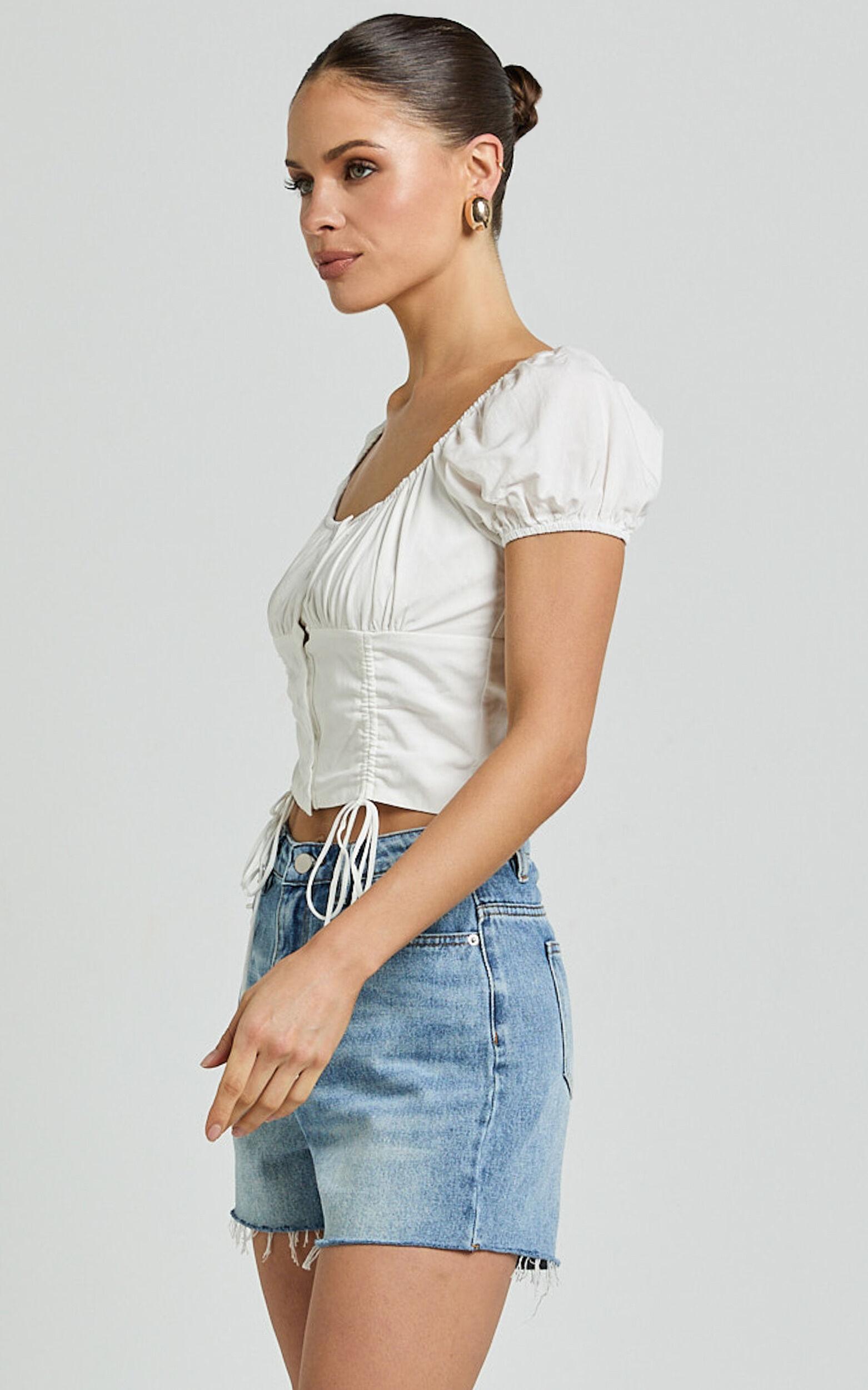 Valerie Top - Puff Sleeve Ruched Button Front Tie Hem Top in White Product Image