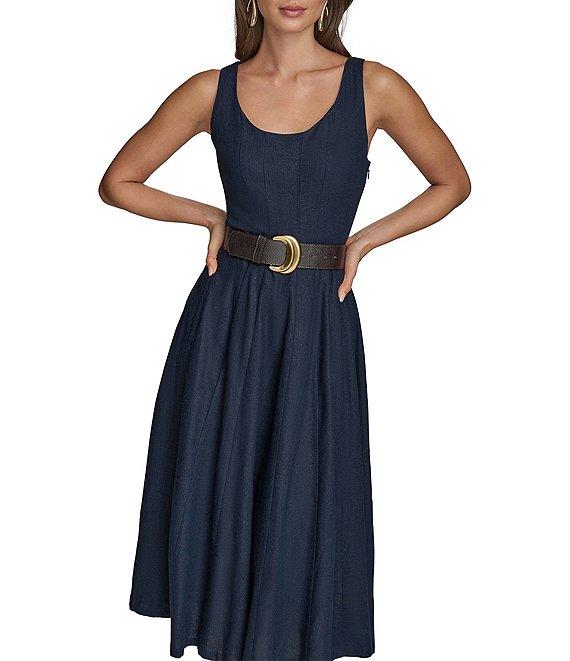 Donna Karan Scoop Neck Belted A-Line Midi Dress Product Image
