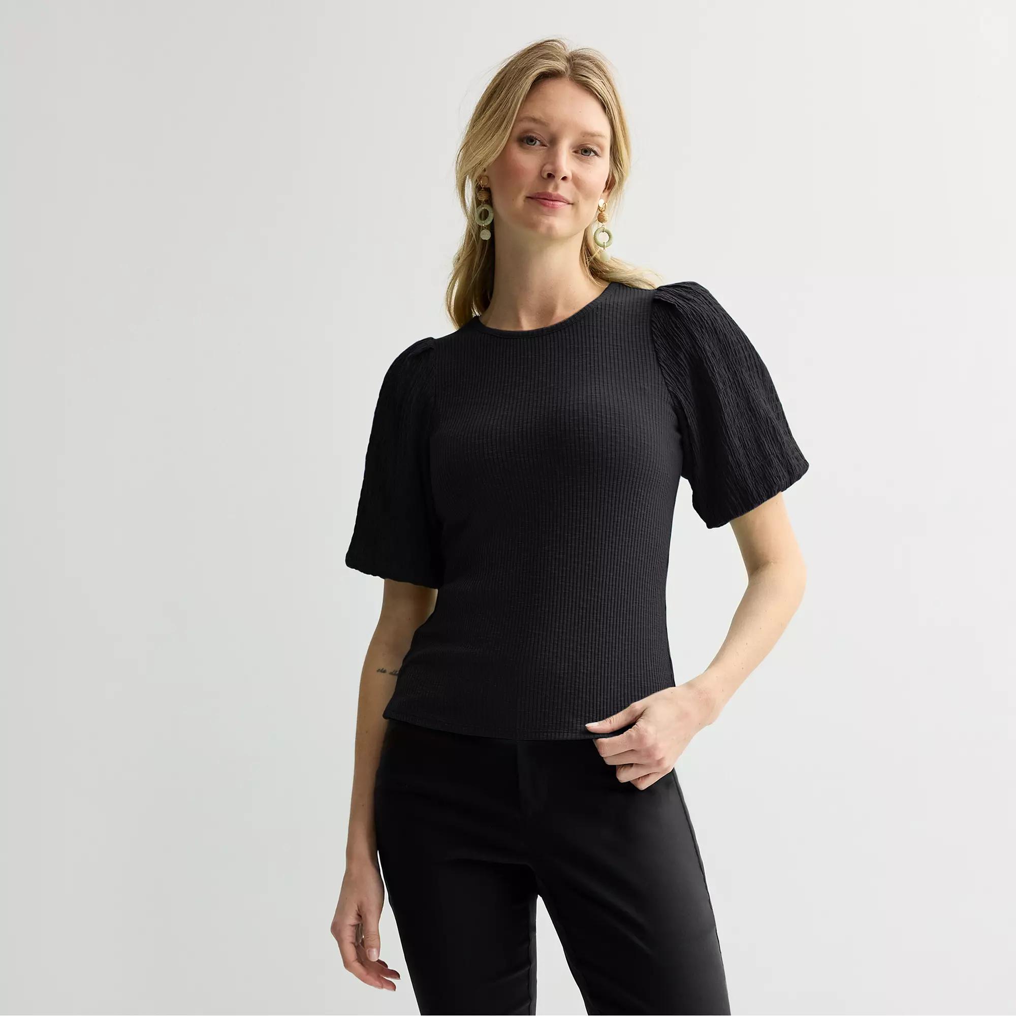 Petite Nine West Textured Elbow Sleeve Rib Knit Top, Women's, Size: Large Petite, Mineral Black Product Image