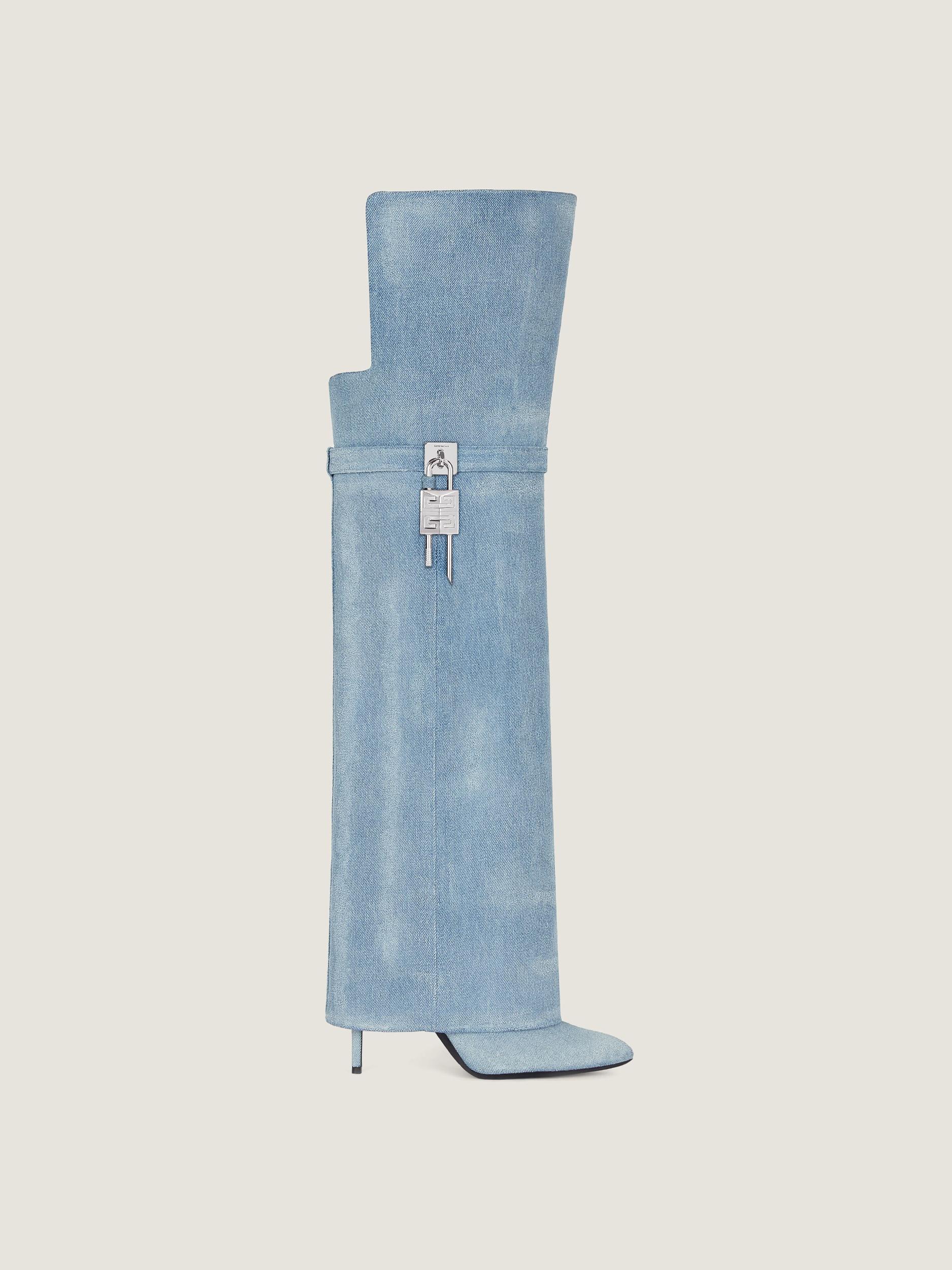 Shark Lock Stiletto over-the-knee boots in washed denim Product Image