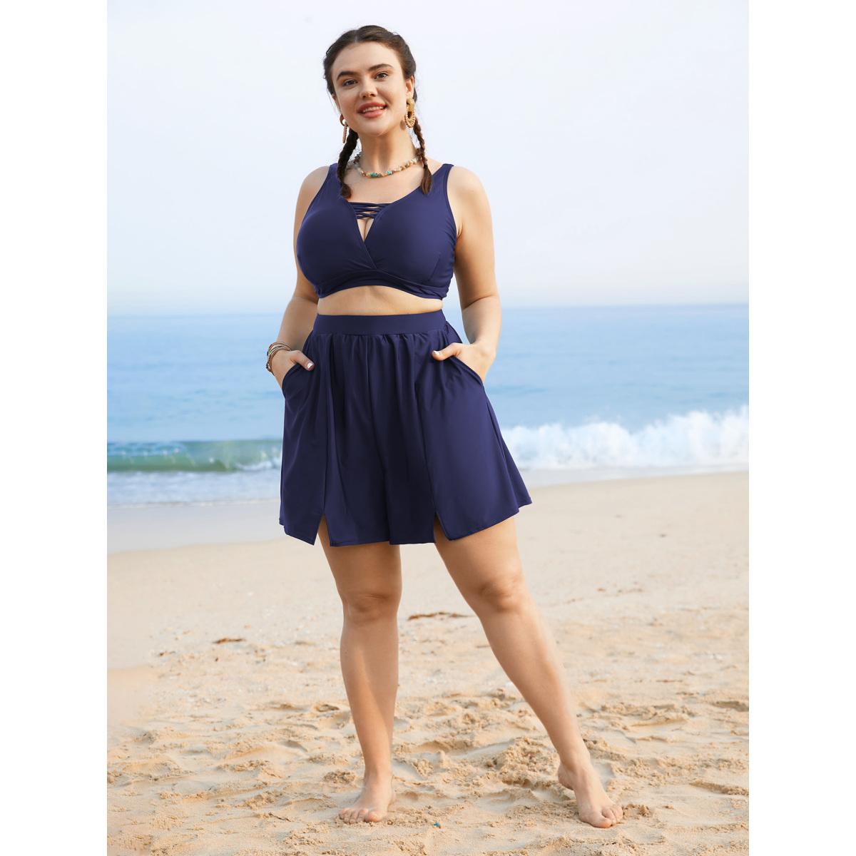 Plus Size Solid Slit Front Pocket Gathered Swim Bottom Women's Swimwear Indigo Beach Gathered High stretch Bodycon High Rise Side seam pocket Curve Swim Bottoms BloomChic 22-24/3X Product Image