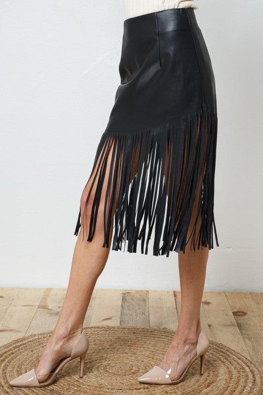 Edalyn Faux Leather Fringe Knee Length Skirt Product Image