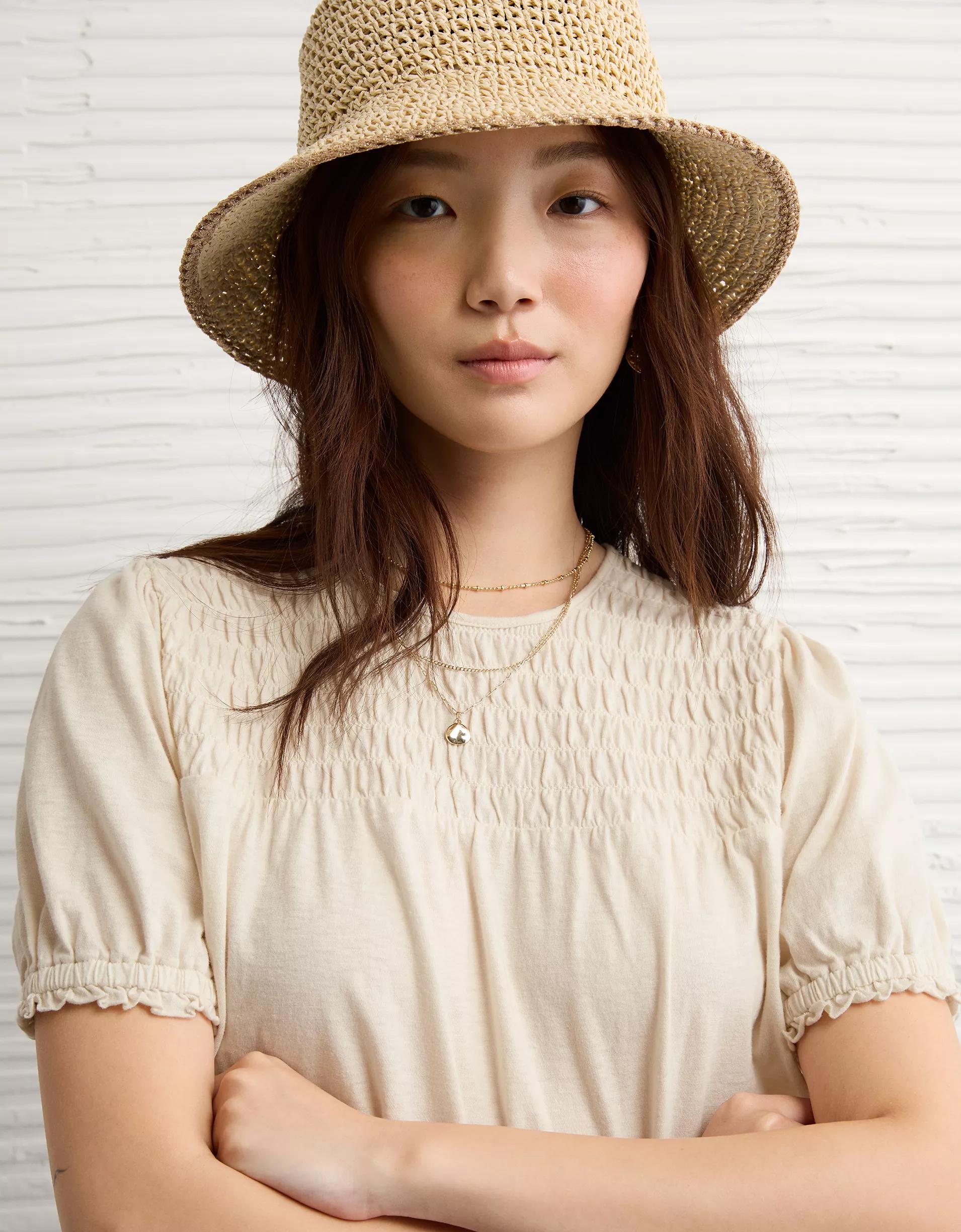 AE Sunchaser High Neck Puff Sleeve Smocked T-Shirt Product Image