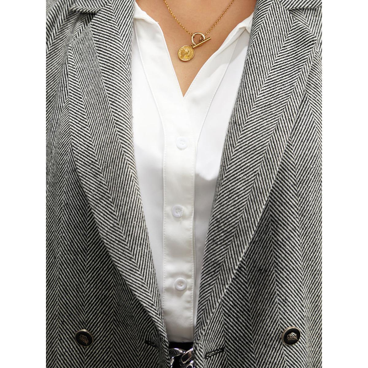 Plus Size Geo Striped Patched Pocket Button Down Blazer Gray Women Office Geometric Texture Sleeve Long Sleeve Suit Collar 28/5X Pocket Office Blazers BloomChic Product Image
