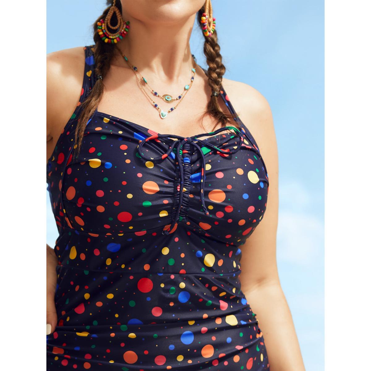 Plus Size Colored Polka Dot Ties Ruched One Piece Swimsuit Women's Swimwear Indigo Beach Tie knot Curve Bathing Suits High stretch One Pieces BloomChic 10/M Product Image