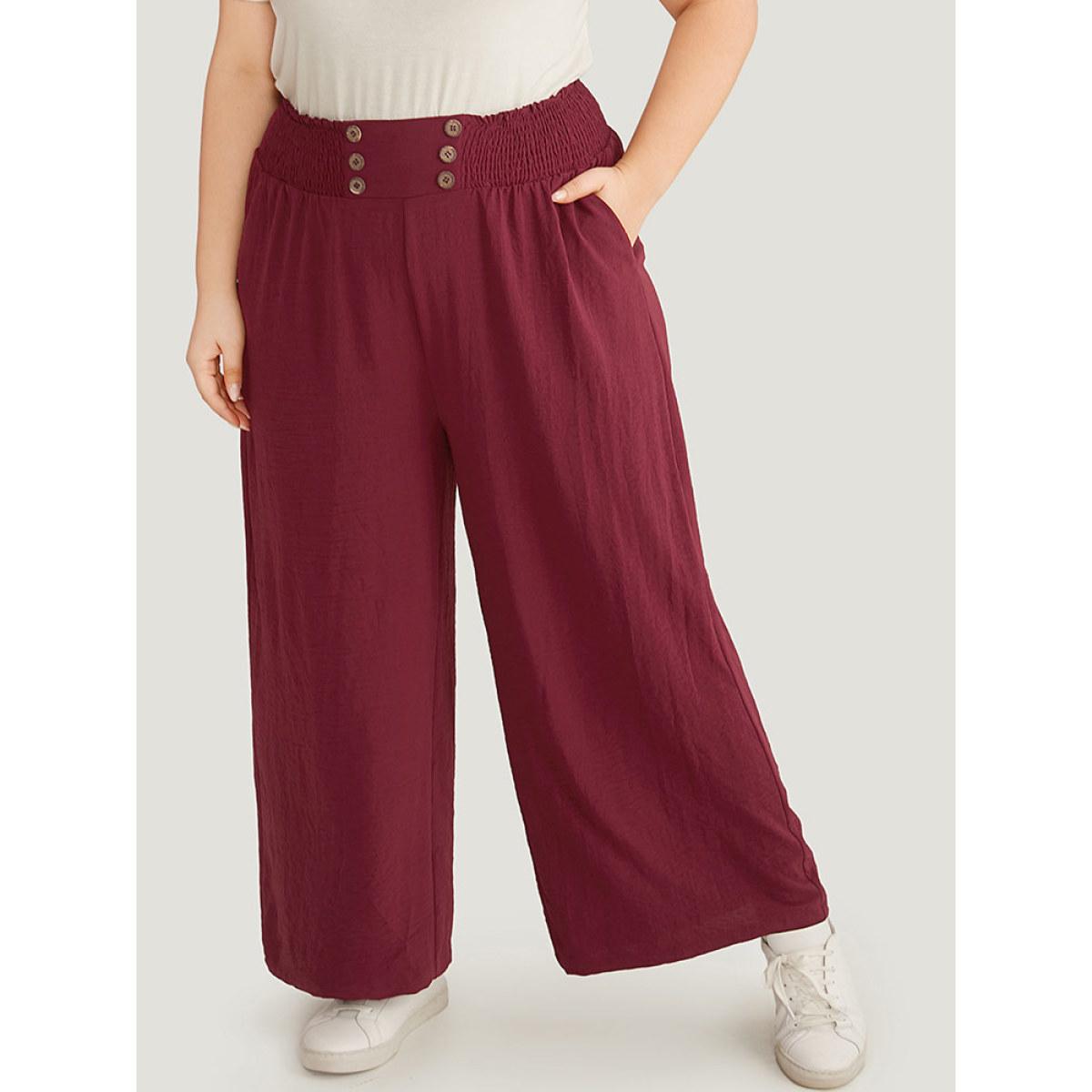 Plus Size Button Detail Shirred Wide Leg Pants Women Burgundy Glamour Wide Leg High Rise Going out Pants BloomChic 10/M Product Image