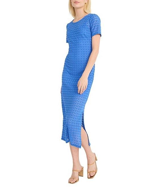 Donna Morgan Short Sleeve Illusion Hem Crochet Sheath Midi Dress Product Image