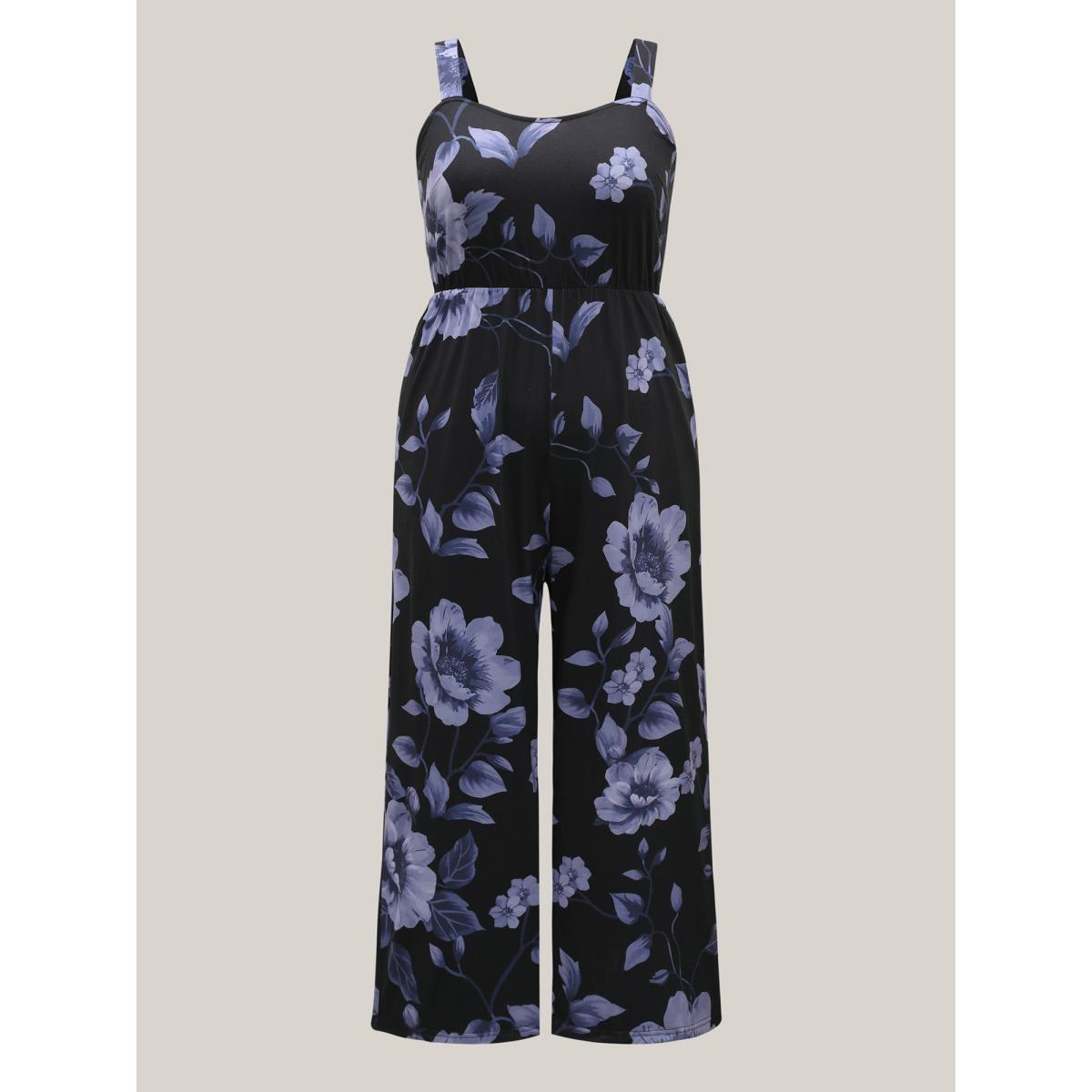 Plus Size Bluepurple Floral Print Stretchy Adjustable Straps Jumpsuit Women Elegant Sleeveless Non Everyday-Elegant Loose Jumpsuits BloomChic 22-24/3X Product Image