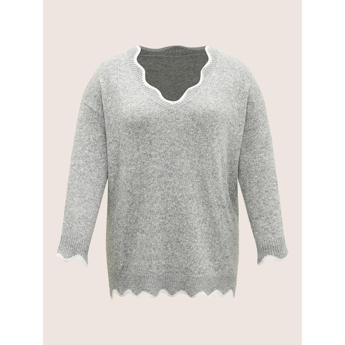Plus Size Contrast Split Side Scalloped Trim Pullover Silver Women Casual Long Sleeve V-neck Everyday Pullovers BloomChic 30/6X Product Image
