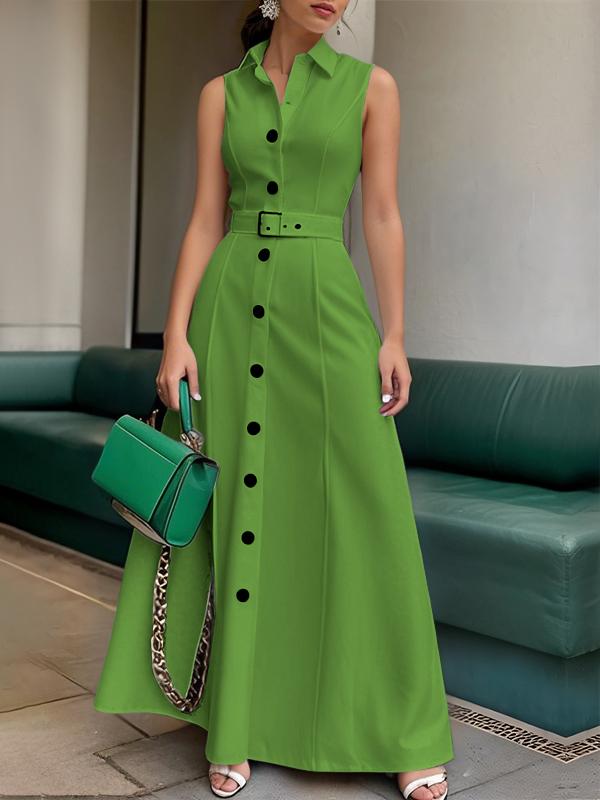 A-Line High Waisted Belted Buttoned Solid Color Lapel Maxi Dresses Product Image