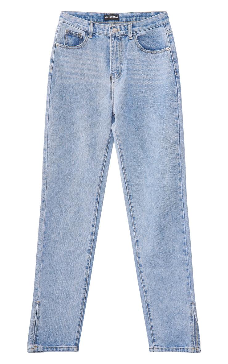 Light Blue Wash Long Leg Split Hem Jeans Product Image