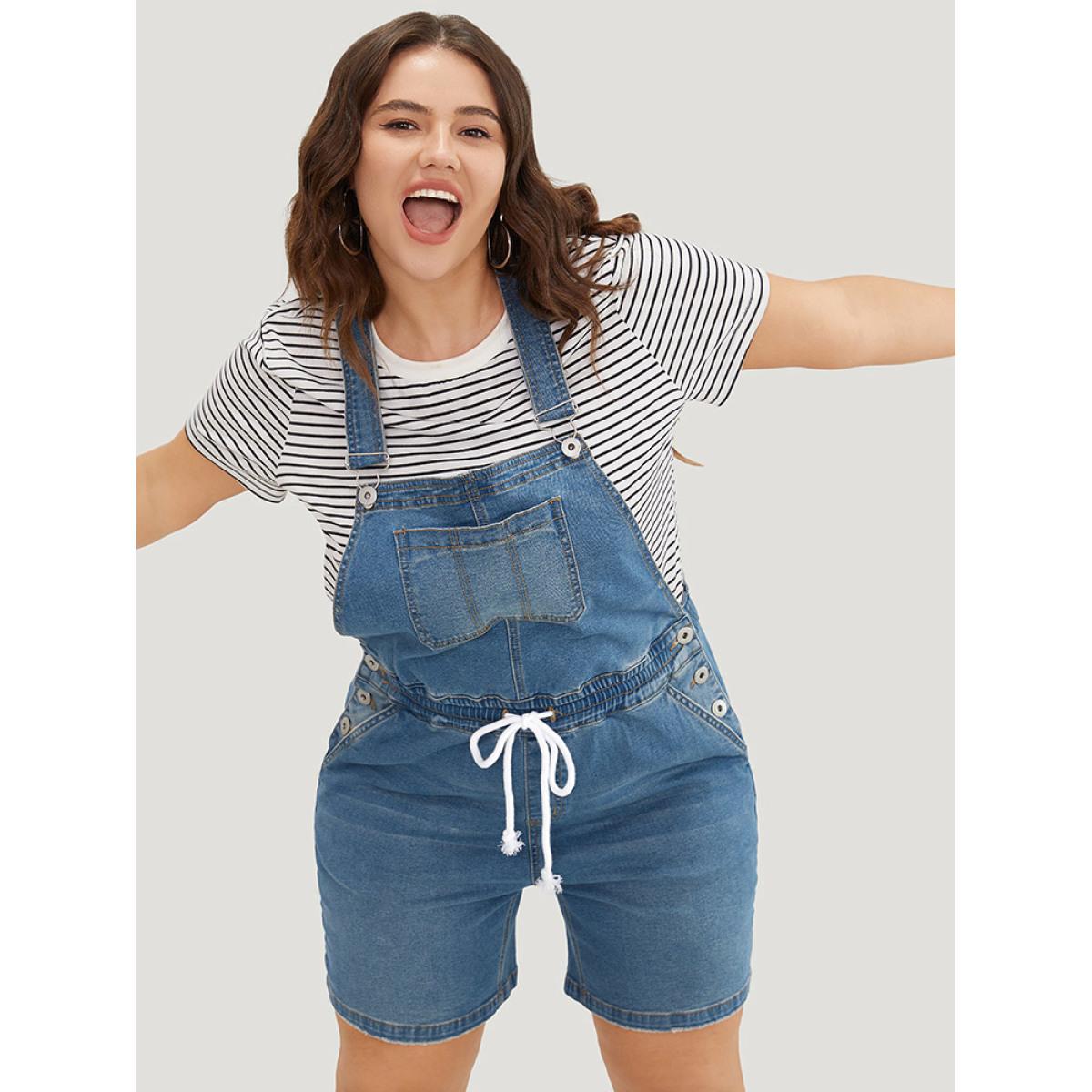 Plus Size Drawstring Button Up Dark Wash Denim Overalls Blue Women Plain Low stretch Dailywear Pocket Casual Denim Jumpsuits BloomChic 10/M Product Image