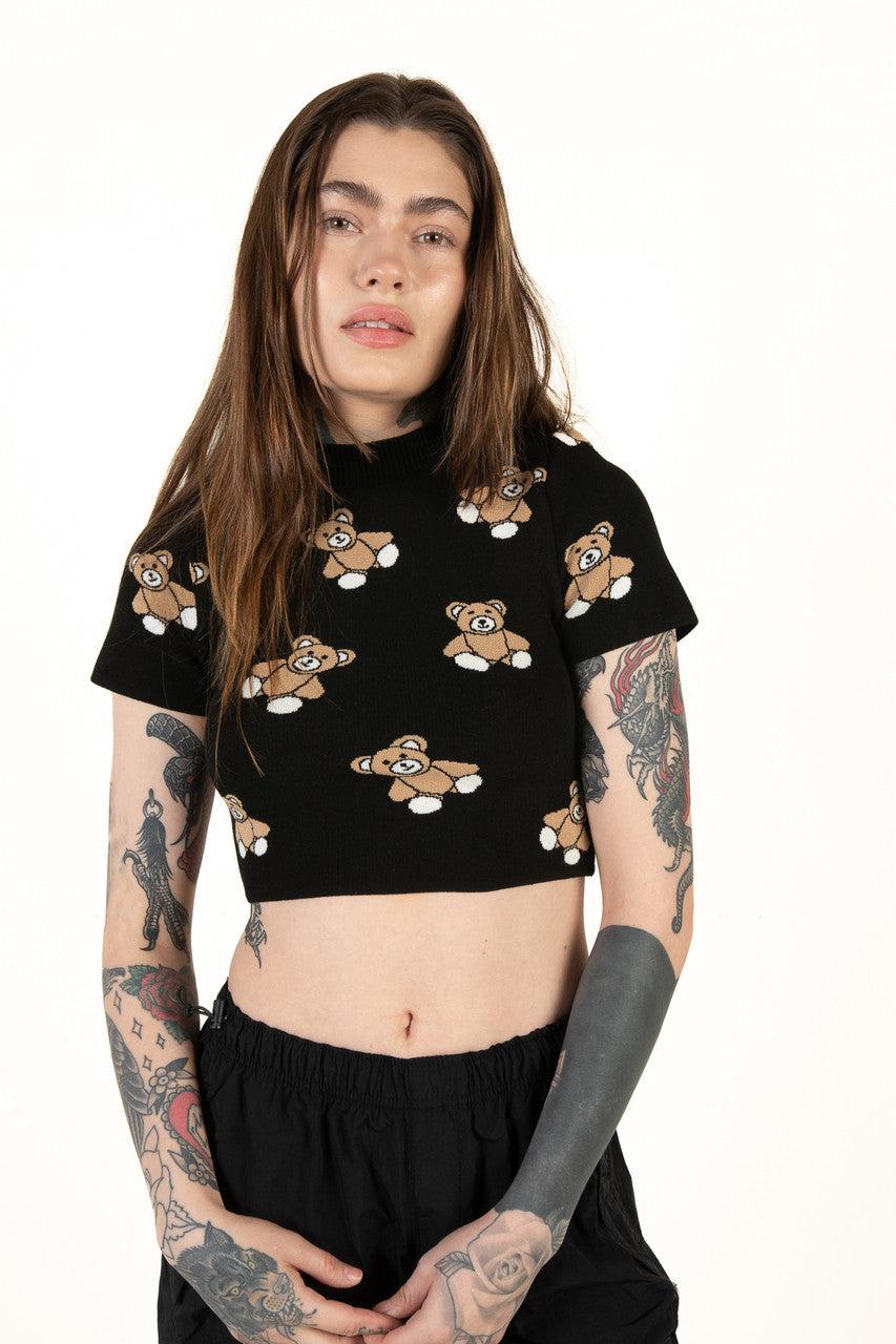 Black Short Sleeve Teddy Bear Sweater Product Image