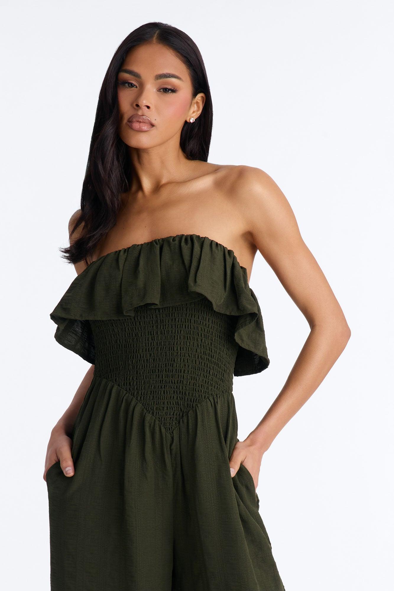 Coco Strapless Smocked Wide Leg Jumpsuit - Olive Female Product Image