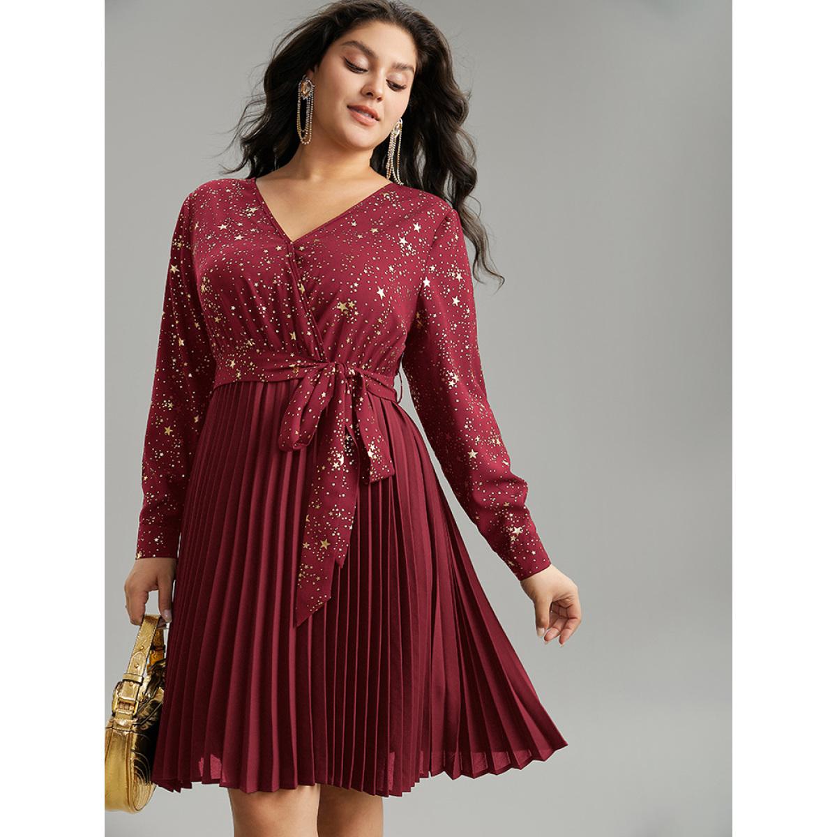 Plus Size Star Glitter Belted Pleated Wrap Dress Burgundy Women Cocktail Belted V-neck Long Sleeve Curvy Midi Dress BloomChic 12/L Product Image