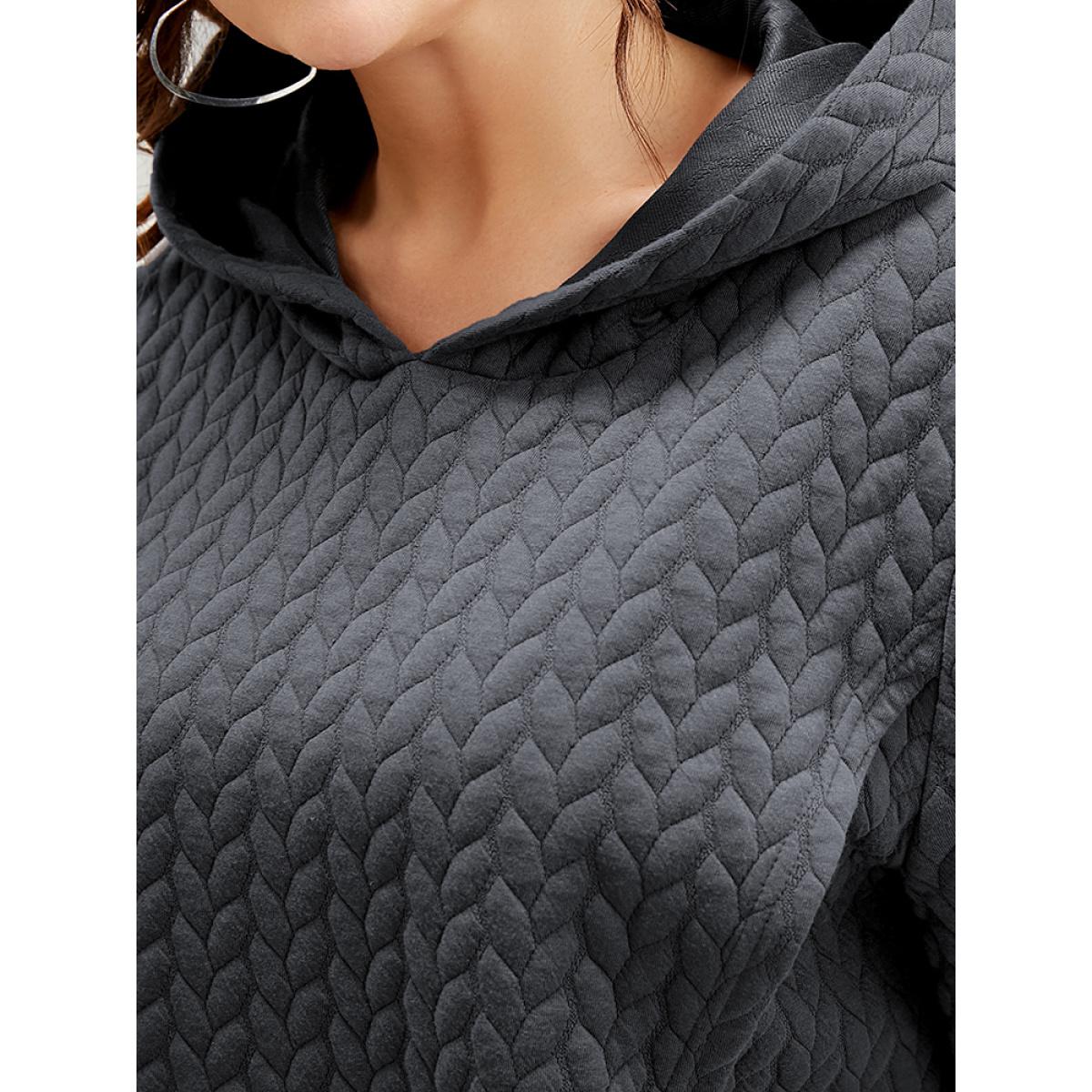 Plus Size Solid Asymmetrical Hem Cable Knit Hooded Sweatshirt Women DimGray Lounge Asymmetrical Hooded Everyday Sweatshirts BloomChic 28/5X Product Image