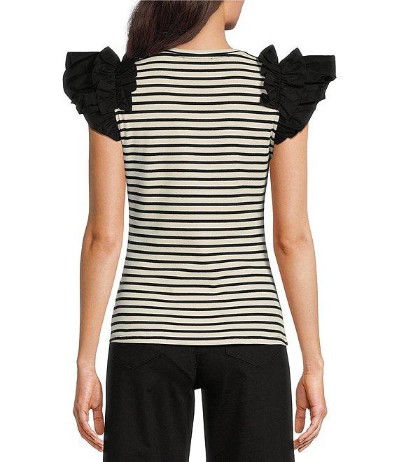 Gibson & Latimer Striped Ribbed Knit Crew Neck Contrasting Poplin Ruffled Short Sleeve Top Product Image