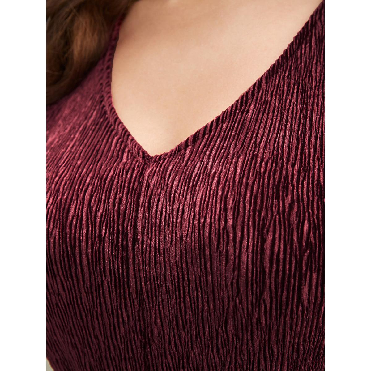 Plus Size Burgundy Glitter Textured Lantern Sleeve Belted Ruffle Blouse Women Party Long Sleeve V-neck Going out Blouses BloomChic 14-16/1X Product Image