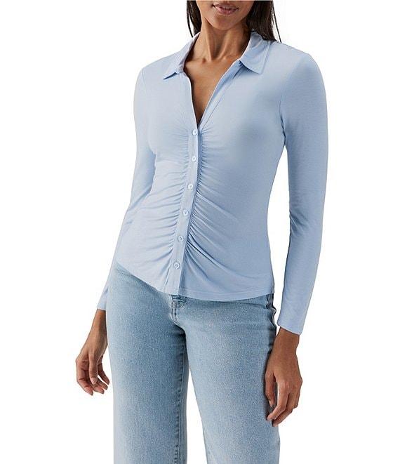 Sanctuary Dreamgirl Long Sleeve Point Collar Ruched Button Front Knit Top Product Image